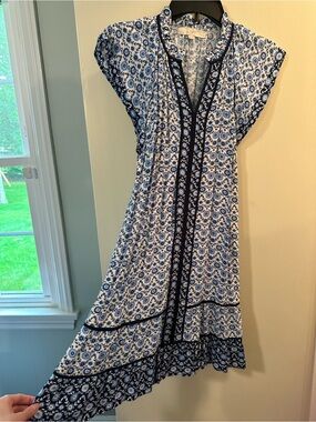LOFT Blue and White Printed Midi Dress with Navy Trim